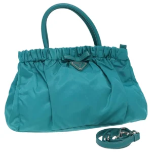 Borsa a mano PRADA Nylon 2 vie Turchese Blu Argento Auth 95390V - Jerrillo