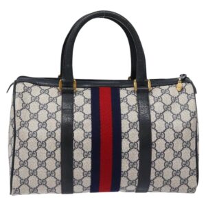GUCCI GG Supreme Sherry Line Hand Bag PVC Navy Gold Red 58 02 007 Auth 139106 - Jerrillo