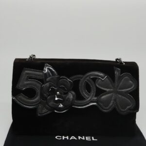 CHANEL Chain Camelia Shoulder Bag Velor Leather Black Silver CC Auth yk16500 - Jerrillo