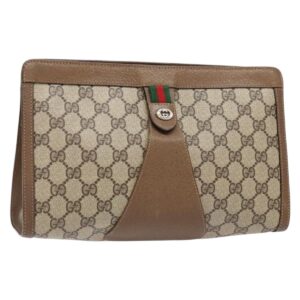 GUCCI GG Supreme Web Sherry Line Clutch Bag PVC Beige Oro 89 01 033 Auth BA5113 - Jerrillo