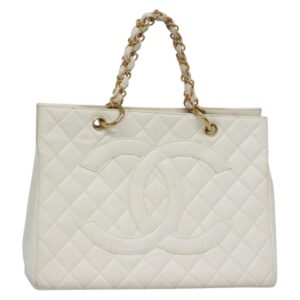 Borsa a mano CHANEL COCO Mark Chain in pelle di caviale, oro bianco, CC Auth gh687 - Jerrillo