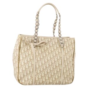 Borsa a catena romantica in tela Trotter di Christian Dior in PVC beige argento Auth 146345 - Jerrillo