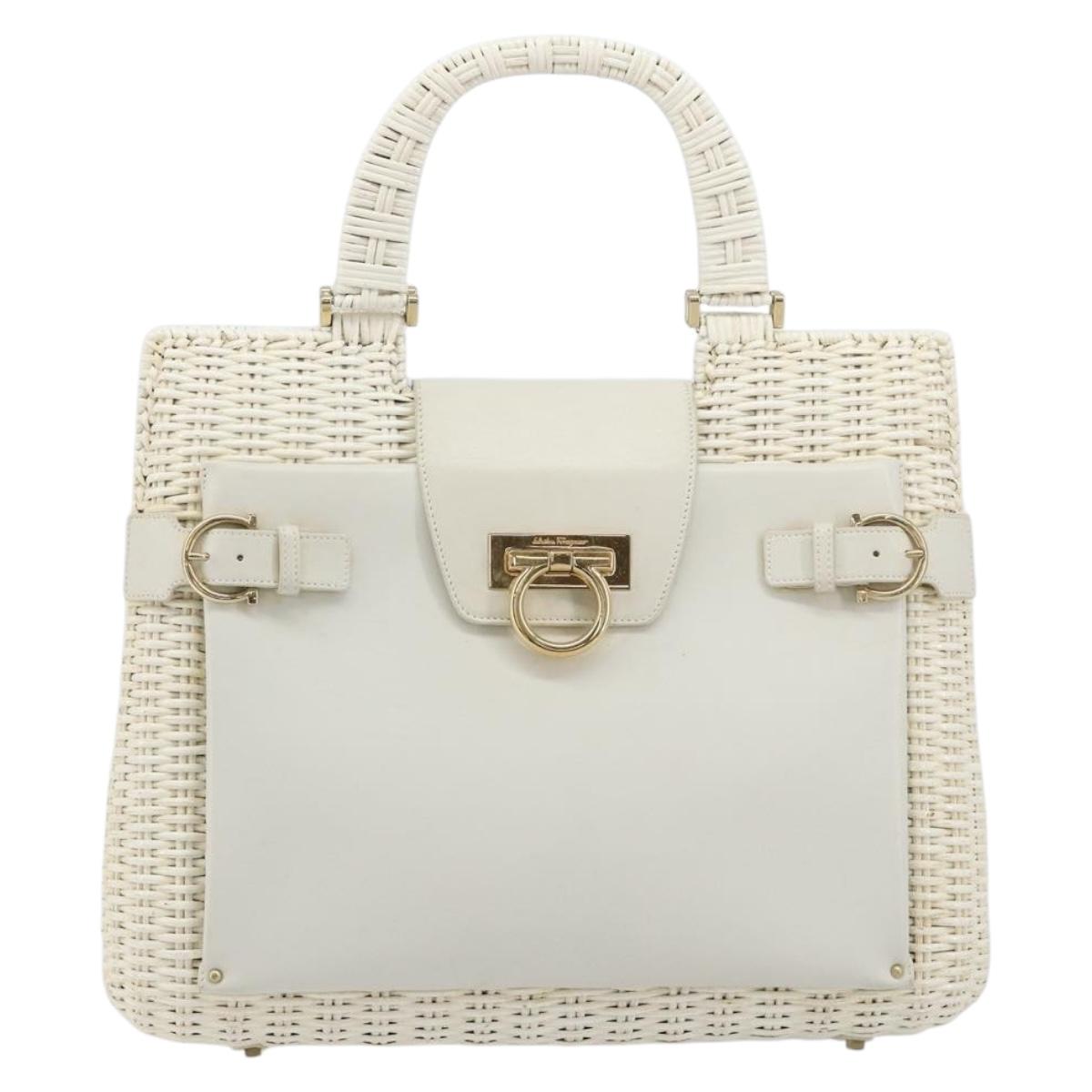 Salvatore Ferragamo Gancini Hand Bag Rattan White Gold Auth 182039A - Jerrillo image 2