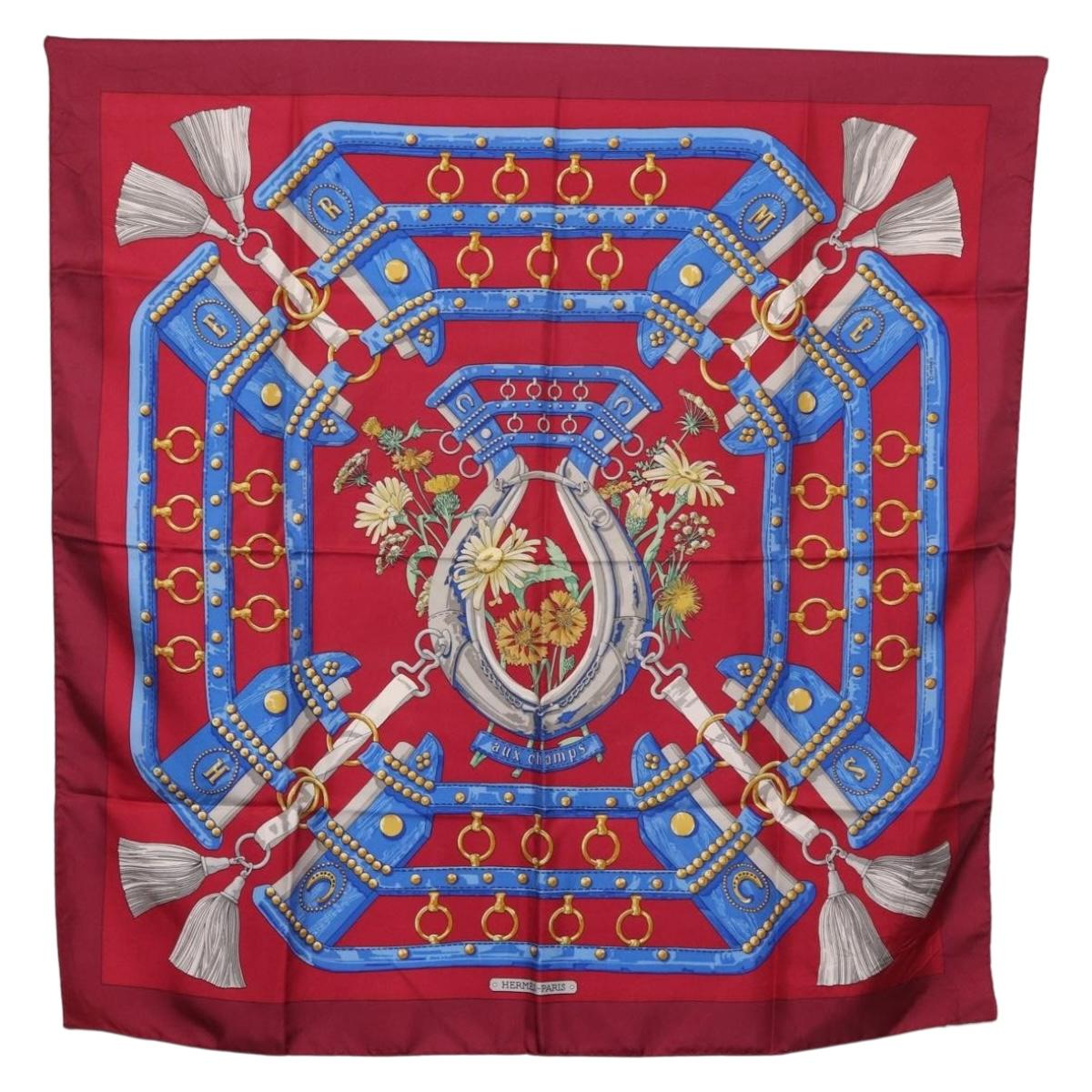 HERMES Carre 90 Scarf "aux champs" Silk Red Auth 183130 - Jerrillo