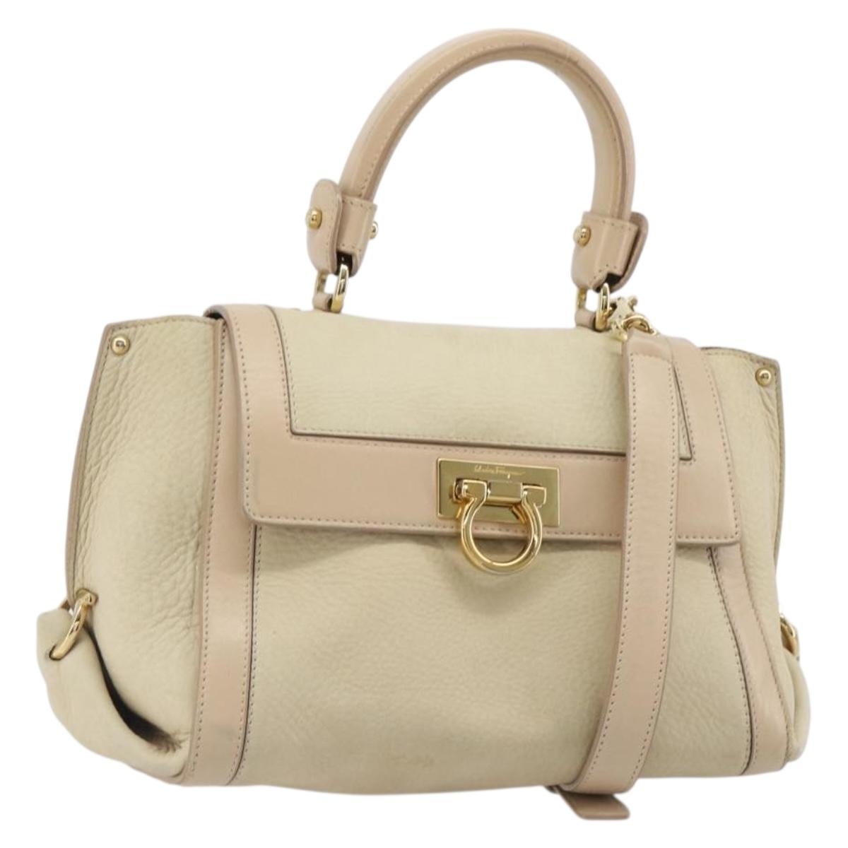 Salvatore Ferragamo Gancini Hand Bag Leather 2way Ivory Gold Auth 185142A - Jerrillo