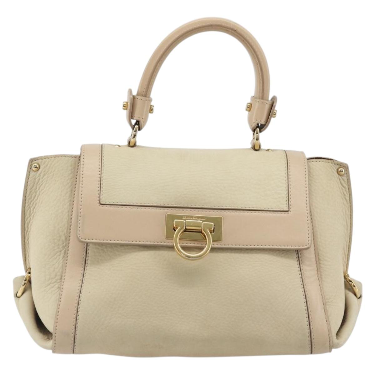 Salvatore Ferragamo Gancini Hand Bag Leather 2way Ivory Gold Auth 185142A - Jerrillo image 2
