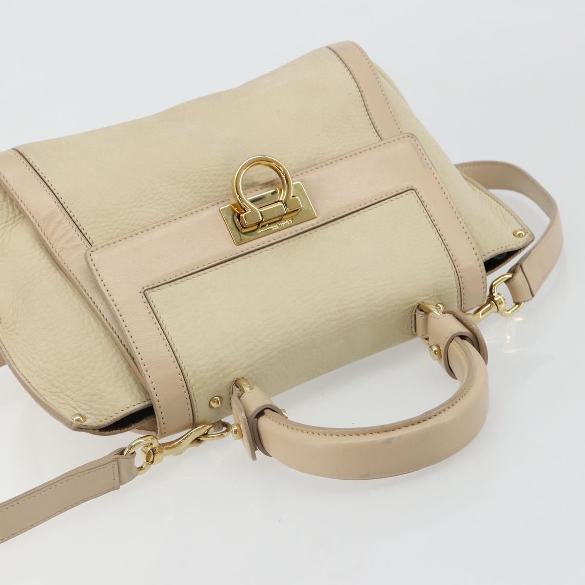 Salvatore Ferragamo Gancini Hand Bag Leather 2way Ivory Gold Auth 185142A - Jerrillo image 6