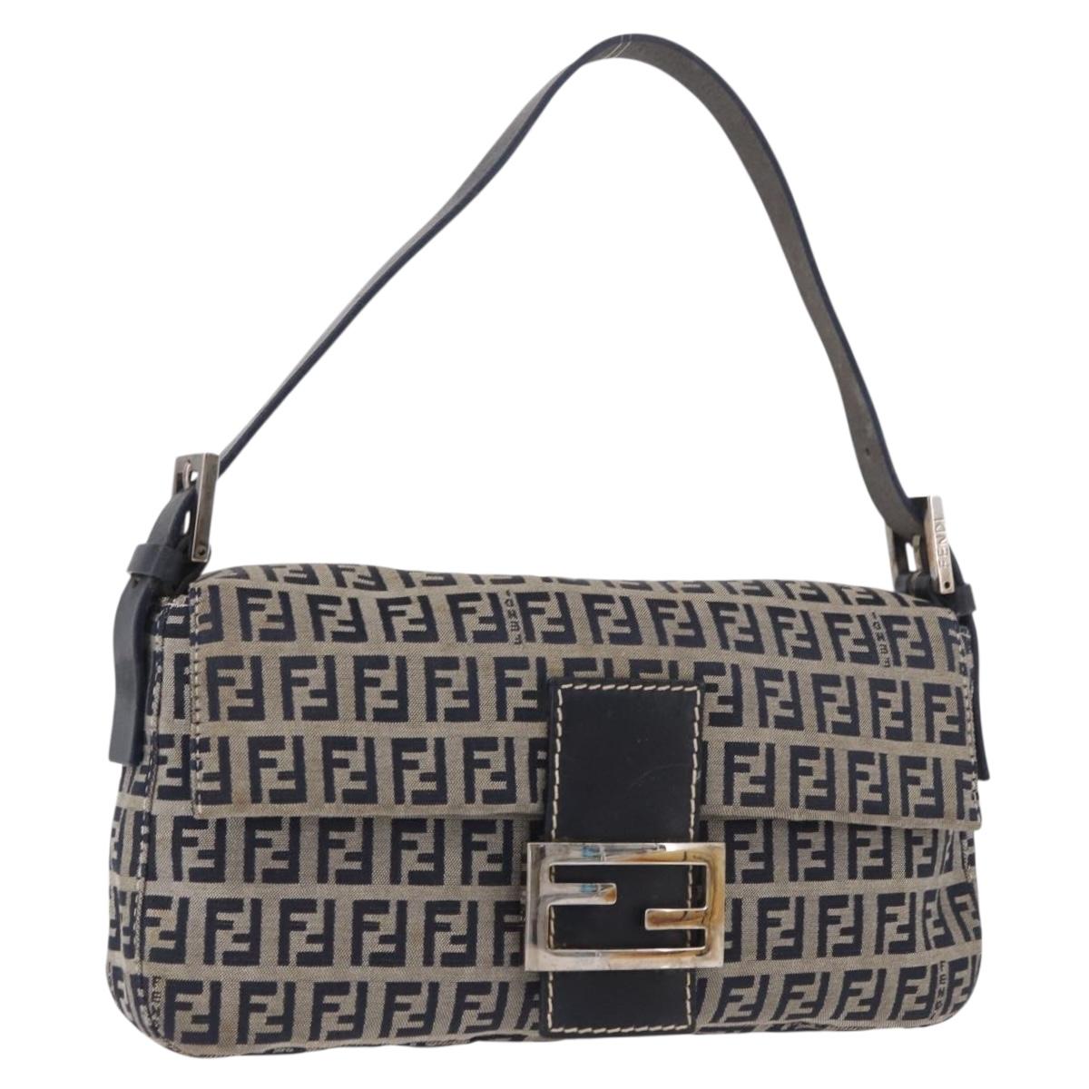 FENDI Zucchino Canvas Mamma Baguette Shoulder Bag Navy Silver Auth 185146SAV - Jerrillo