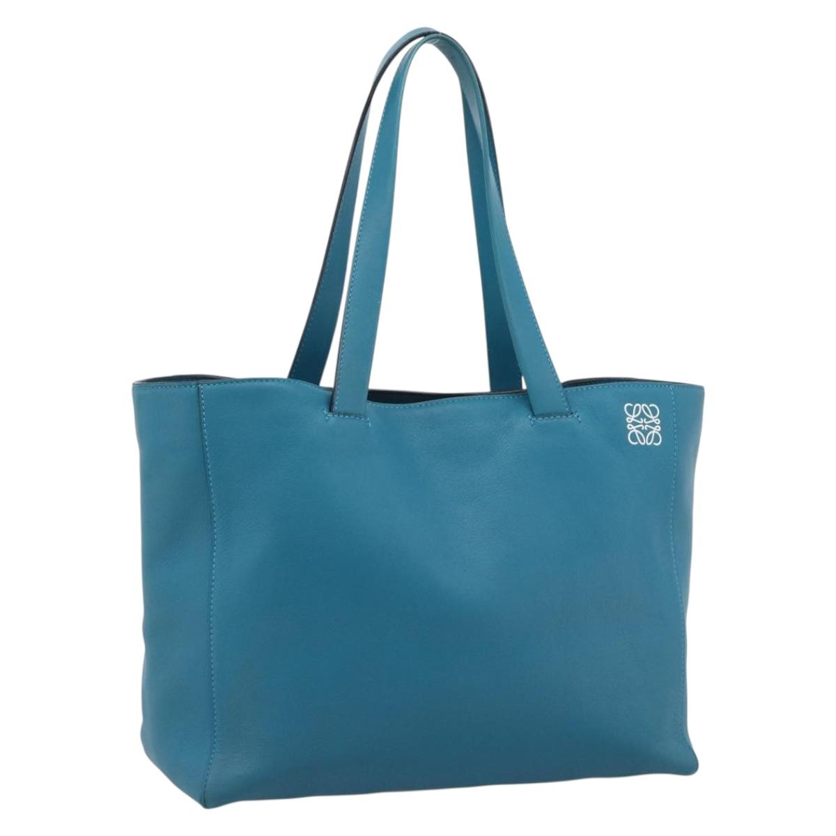 LOEWE Anagram East West Tote Bag Leather Turquoise Blue Silver Auth 185182V - Jerrillo