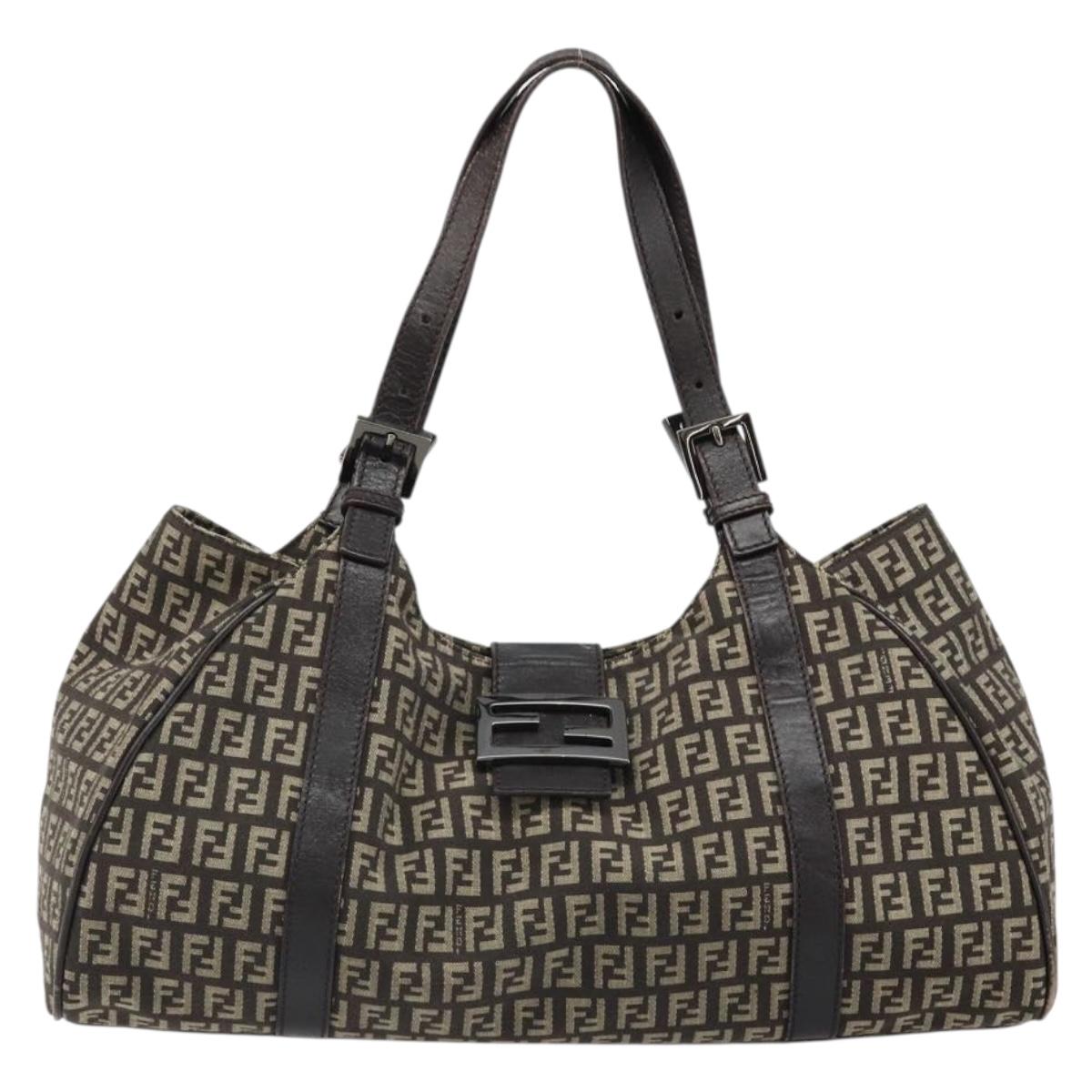 FENDI Zucchino Canvas Hand Bag Silver Brown Auth 187339A - Jerrillo image 2
