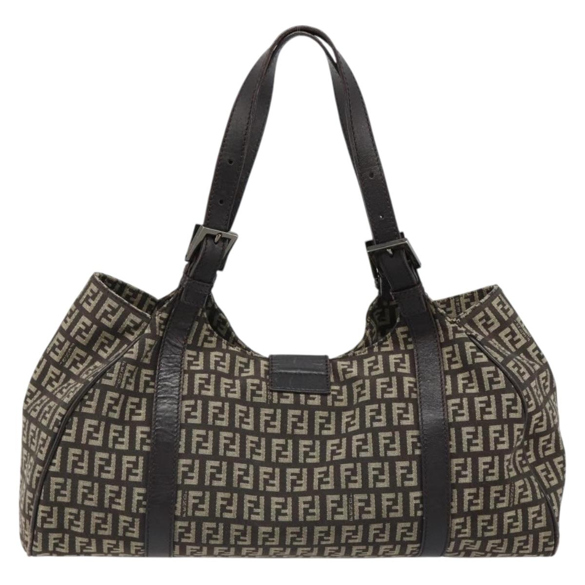 FENDI Zucchino Canvas Hand Bag Silver Brown Auth 187339A - Jerrillo image 3