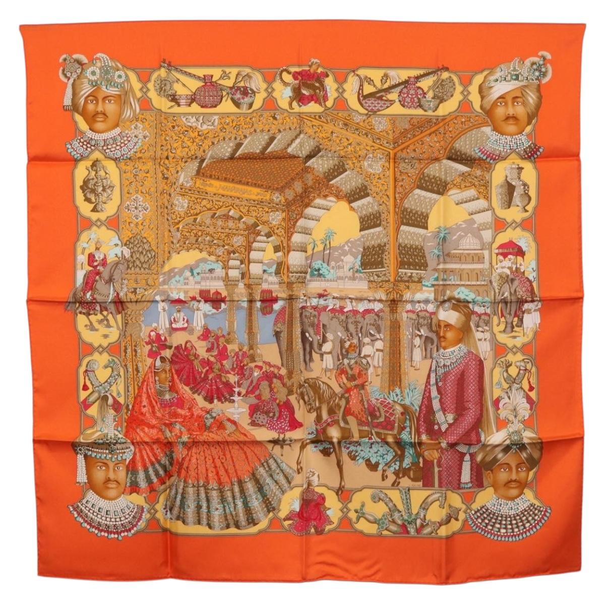 HERMES Carre 90 Scarf "MAHARAJAS" Silk Orange Auth am11861M - Jerrillo