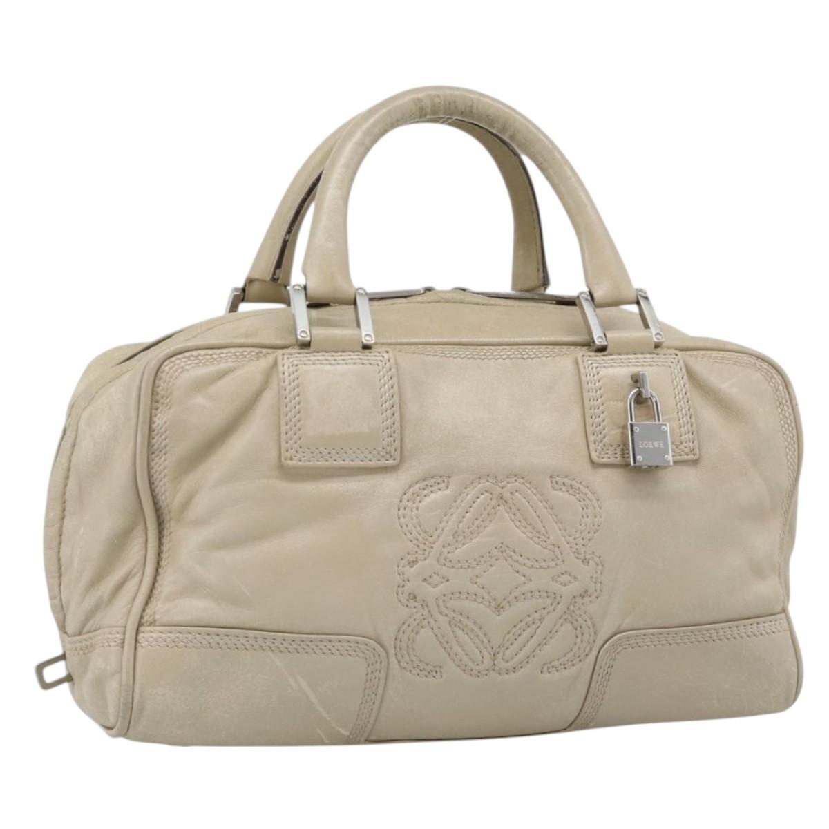 LOEWE Anagram Hand Bag Leather Beige Silver Auth bs35492 - Jerrillo