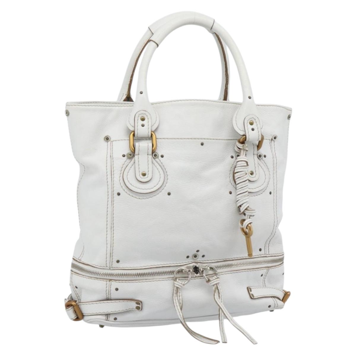 Chloe Paddington Tote Bag Leather White Gold Silver Auth bs35586A - Jerrillo