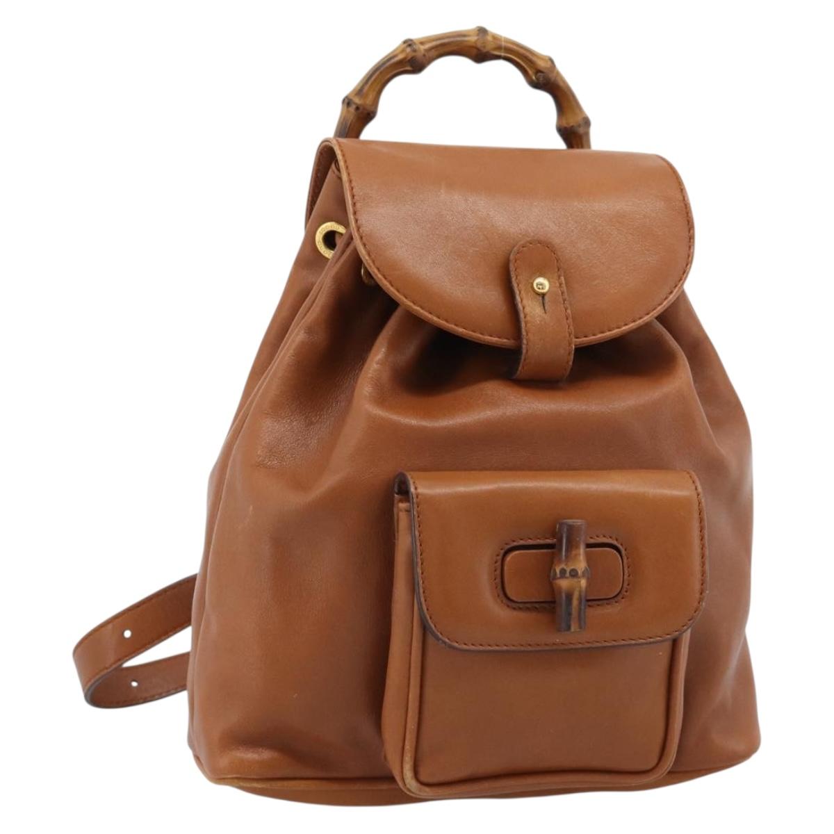 GUCCI Bamboo Backpack Leather Brown Gold Auth ka4595 - Jerrillo