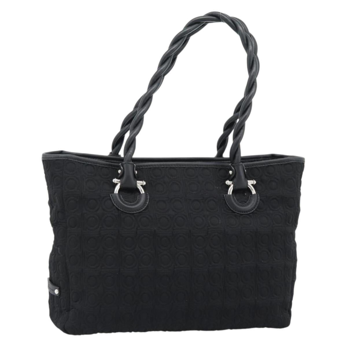 Salvatore Ferragamo Gancini Tote Bag Canvas Leather Black Silver Auth ka4727A - Jerrillo