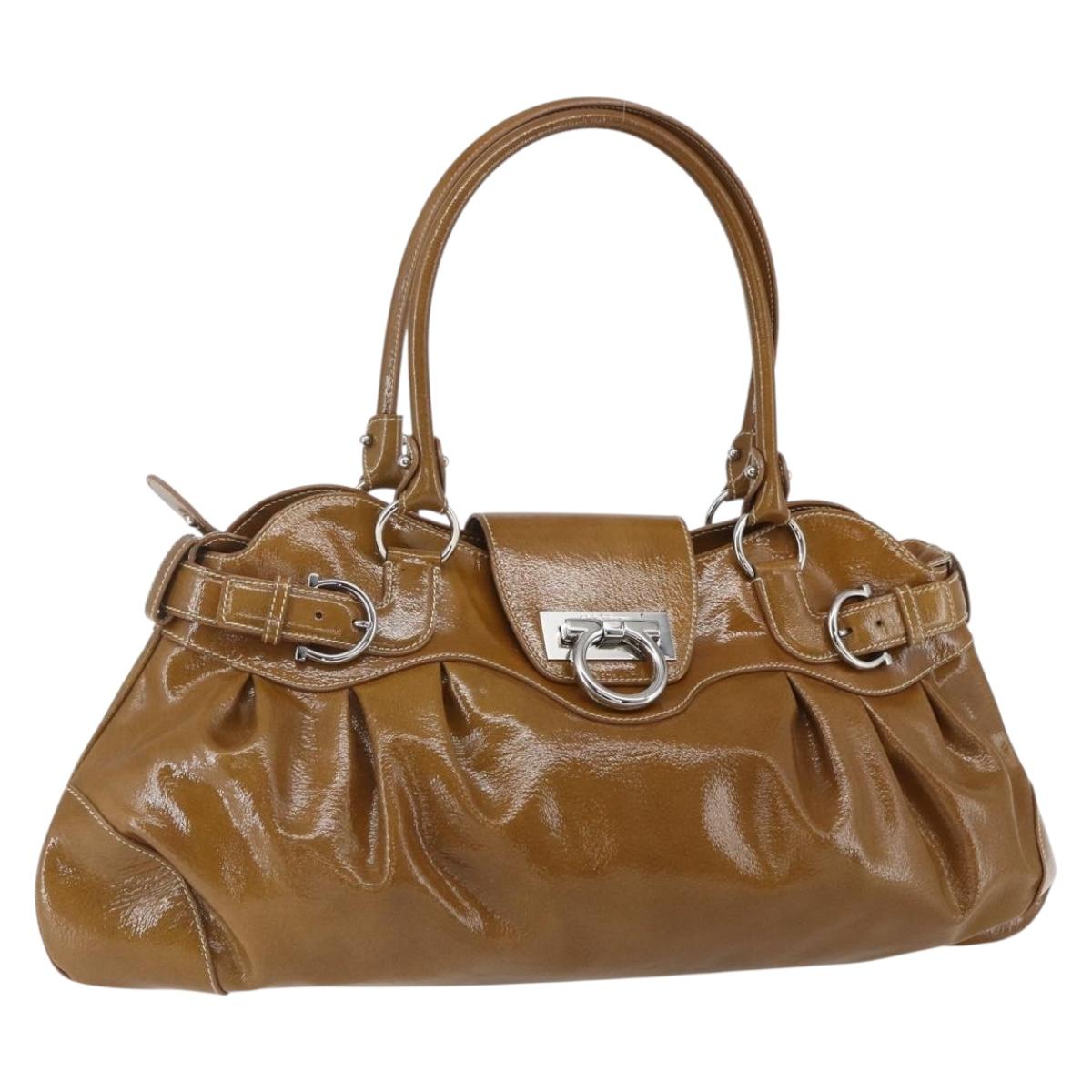 Salvatore Ferragamo Gancini Shoulder Bag Patent leather Brown Silver Auth ka928 - Jerrillo