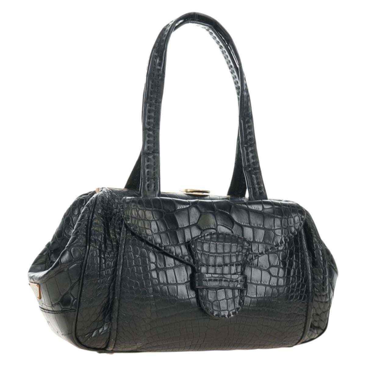 PRADA Hand Bag Leather Croco Embossed Black Gold Auth 185588V - Jerrillo