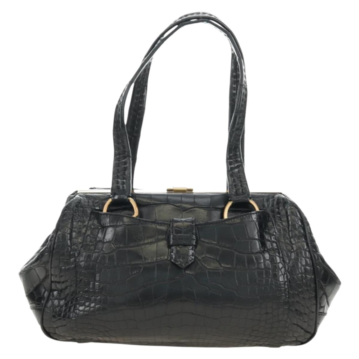 PRADA Hand Bag Leather Croco Embossed Black Gold Auth 185588V - Jerrillo image 2