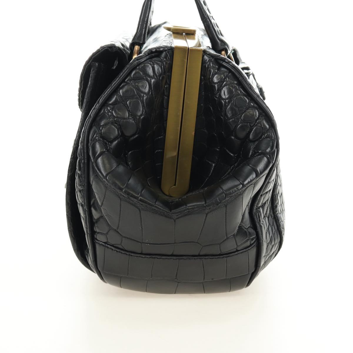 PRADA Hand Bag Leather Croco Embossed Black Gold Auth 185588V - Jerrillo image 3