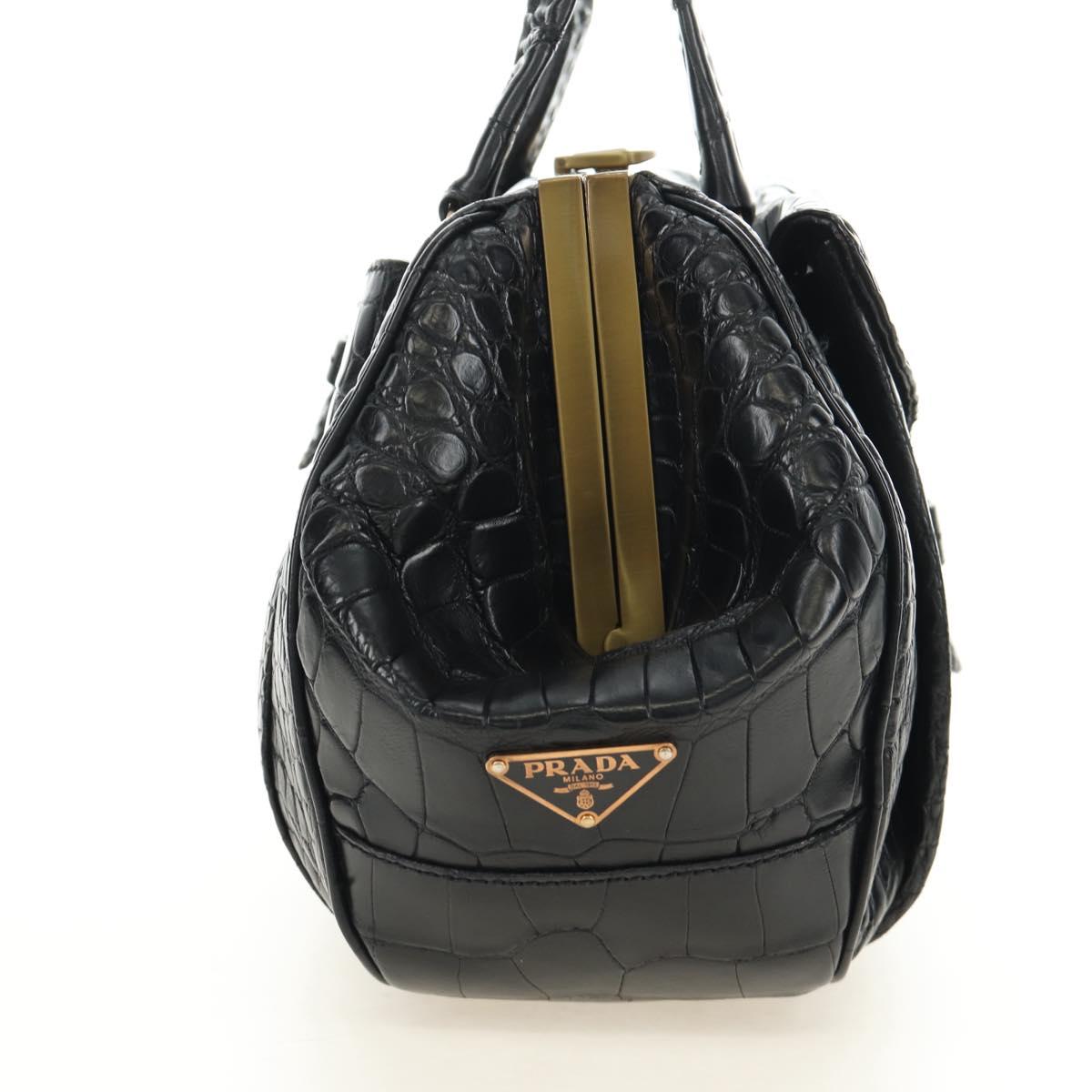 PRADA Hand Bag Leather Croco Embossed Black Gold Auth 185588V - Jerrillo image 4