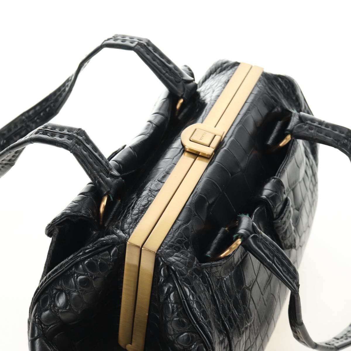 PRADA Hand Bag Leather Croco Embossed Black Gold Auth 185588V - Jerrillo image 6
