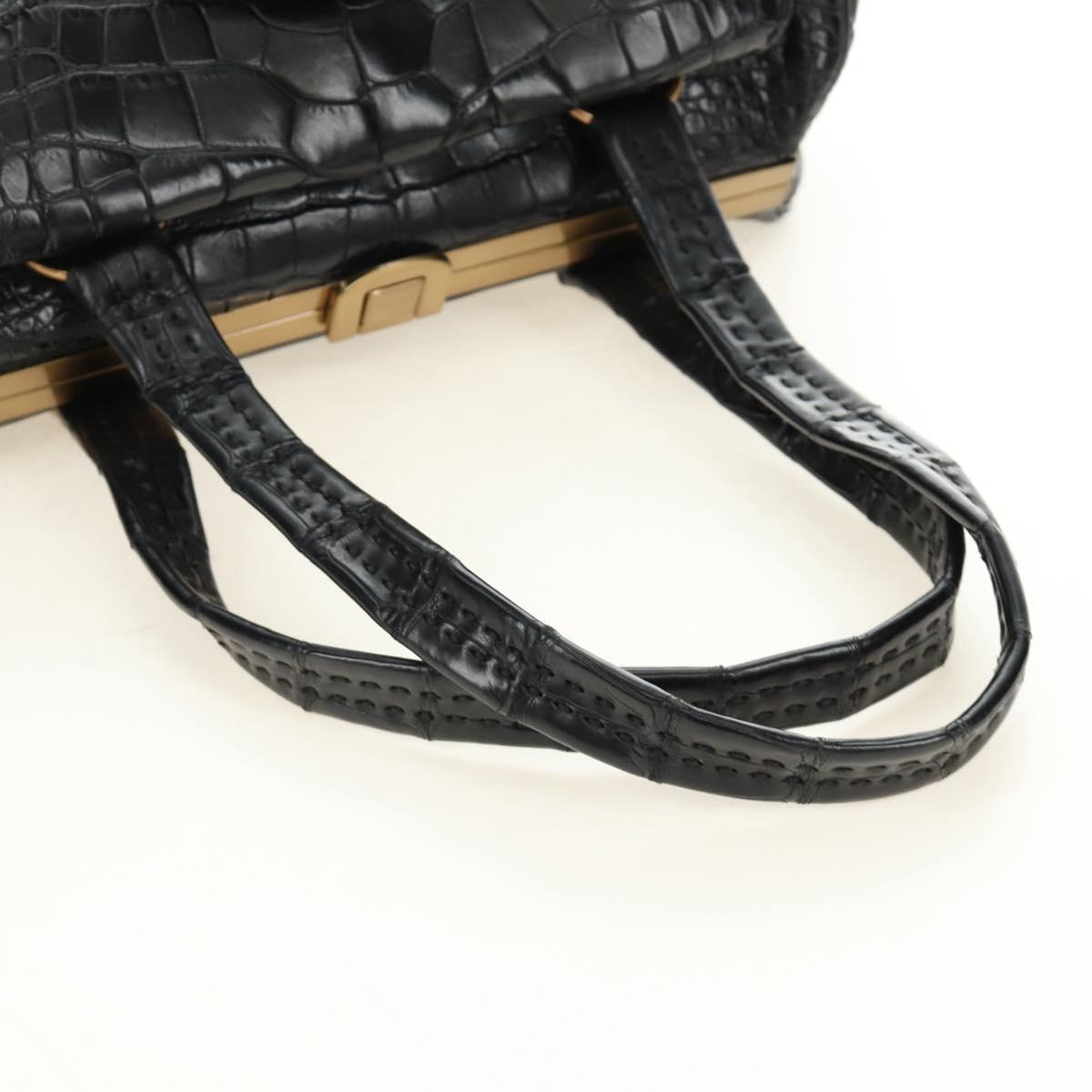 PRADA Hand Bag Leather Croco Embossed Black Gold Auth 185588V - Jerrillo image 7