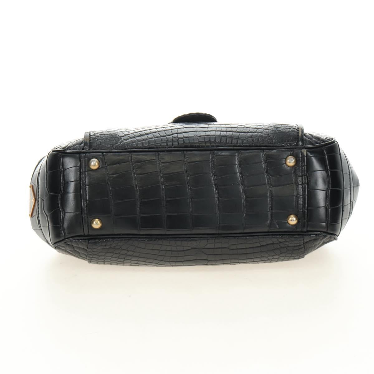 PRADA Hand Bag Leather Croco Embossed Black Gold Auth 185588V - Jerrillo image 5