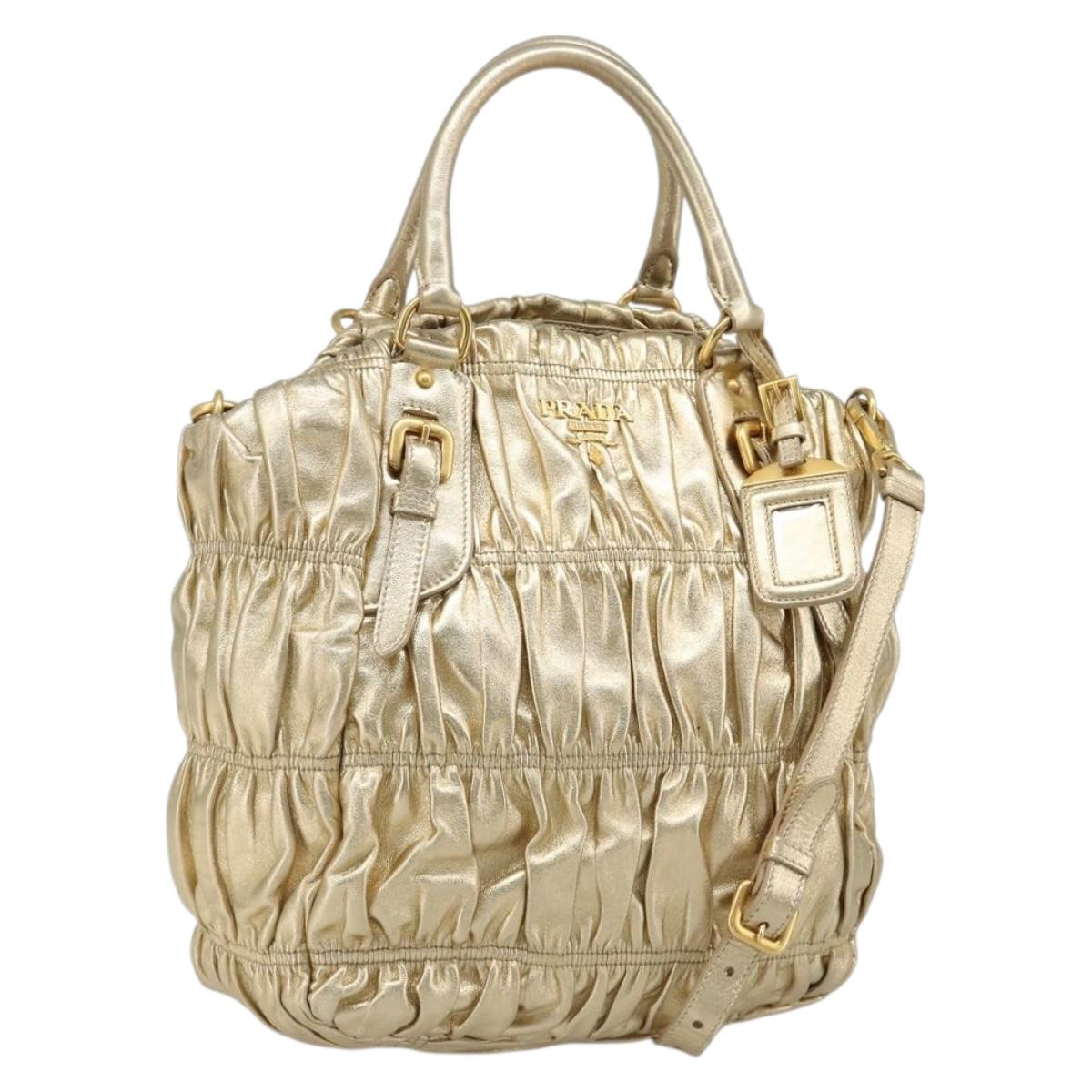 PRADA Hand Bag Leather 2way Gold Tone Gold Auth 185803V - Jerrillo