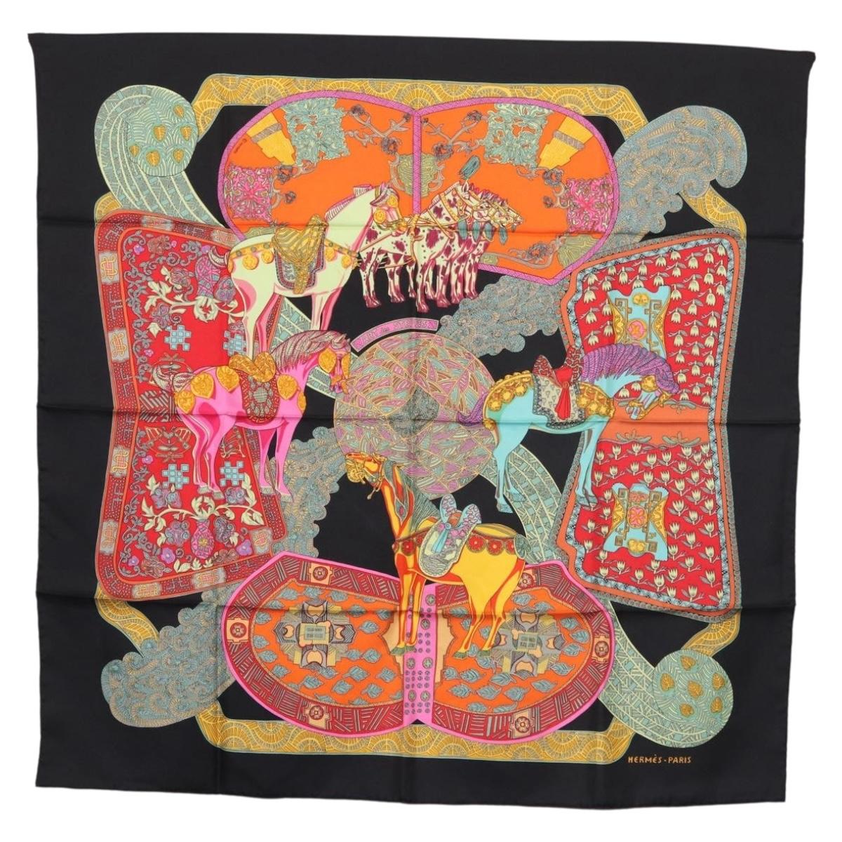 HERMES Carre 90 Scarf "ART des STEPPES" Silk Black Auth 186251M - Jerrillo