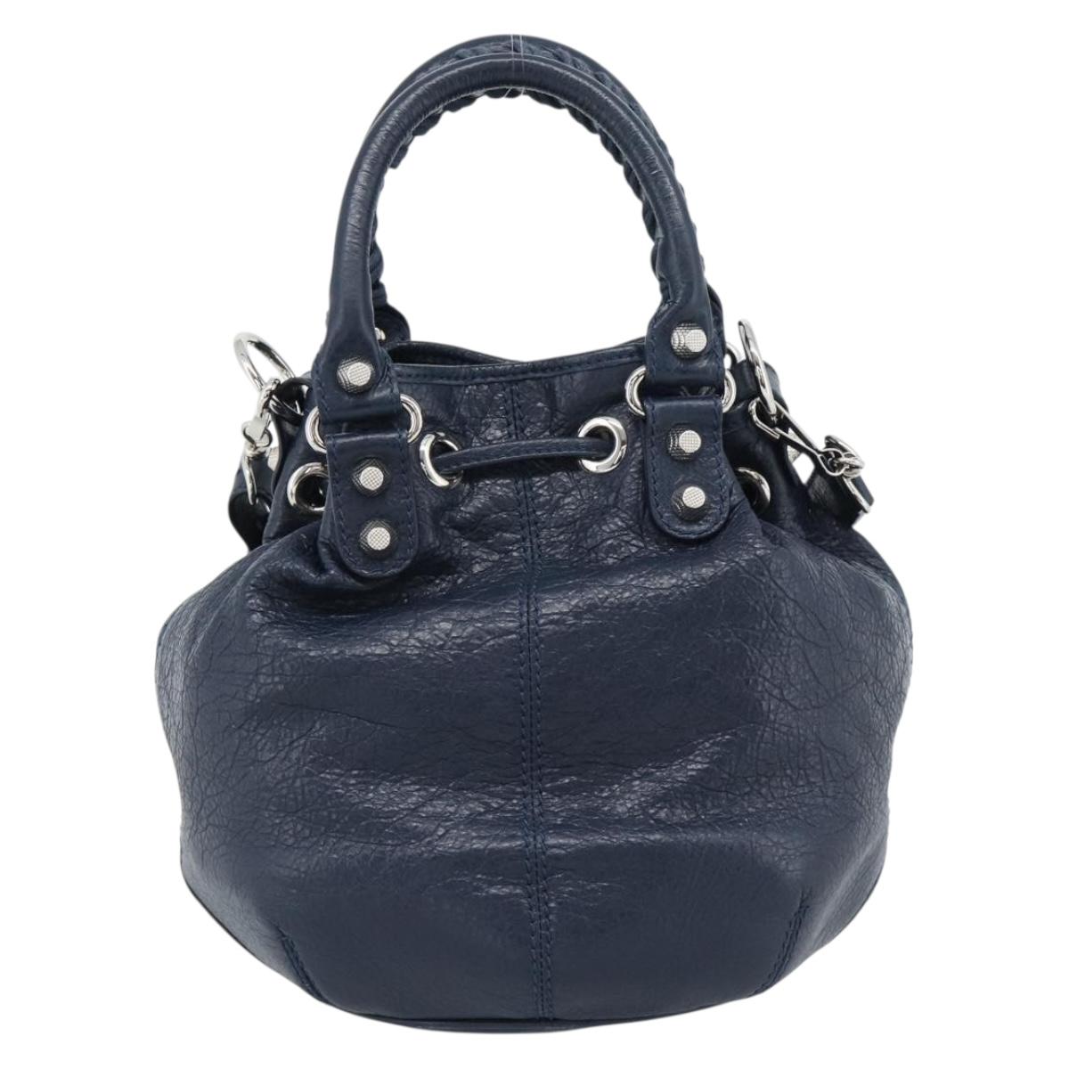 BALENCIAGA Giant Mini Pom Pom Hand Bag Leather 2way Navy Silver Auth 186261SM - Jerrillo image 2