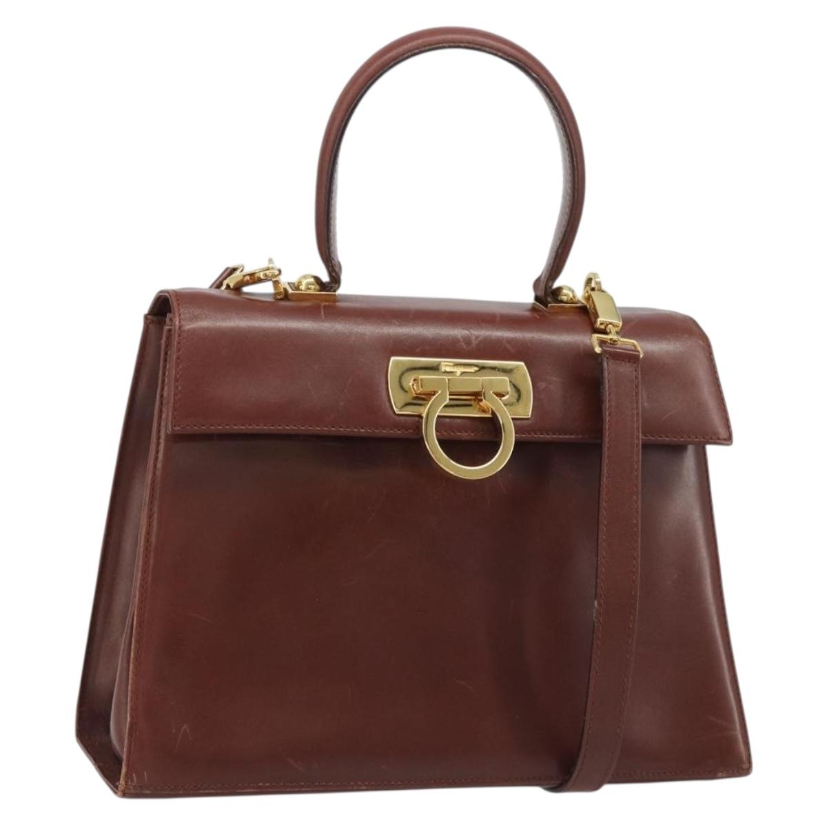 Salvatore Ferragamo Gancini Hand Bag Leather 2way Brown Gold Auth 186375 - Jerrillo