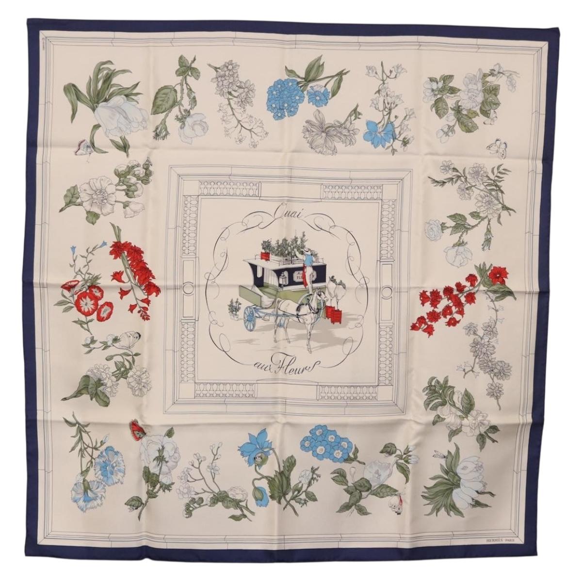 HERMES Carre 90 Scarf "Quai aux Fleurs" Silk Blue White Auth 186912M - Jerrillo