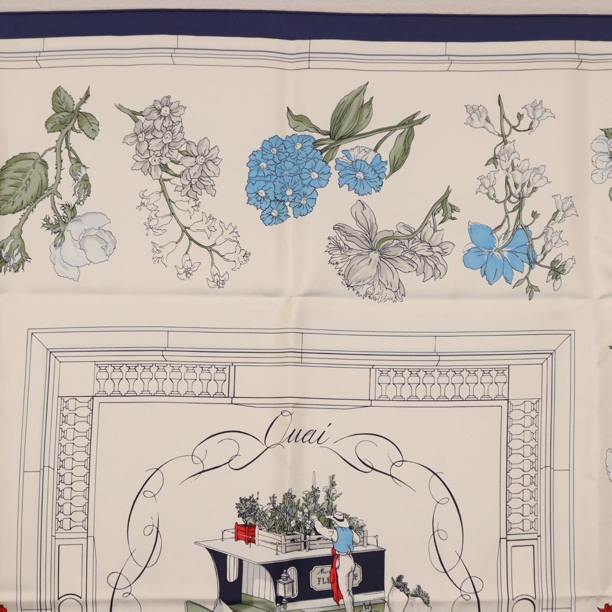 HERMES Carre 90 Scarf "Quai aux Fleurs" Silk Blue White Auth 186912M - Jerrillo image 3
