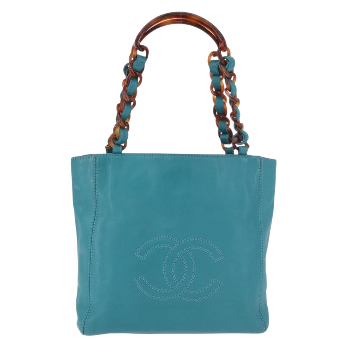 CHANEL Tortoise Pattern Chain Tote Bag Lamb Skin Turquoise Blue CC Auth 187038A - Jerrillo image 2