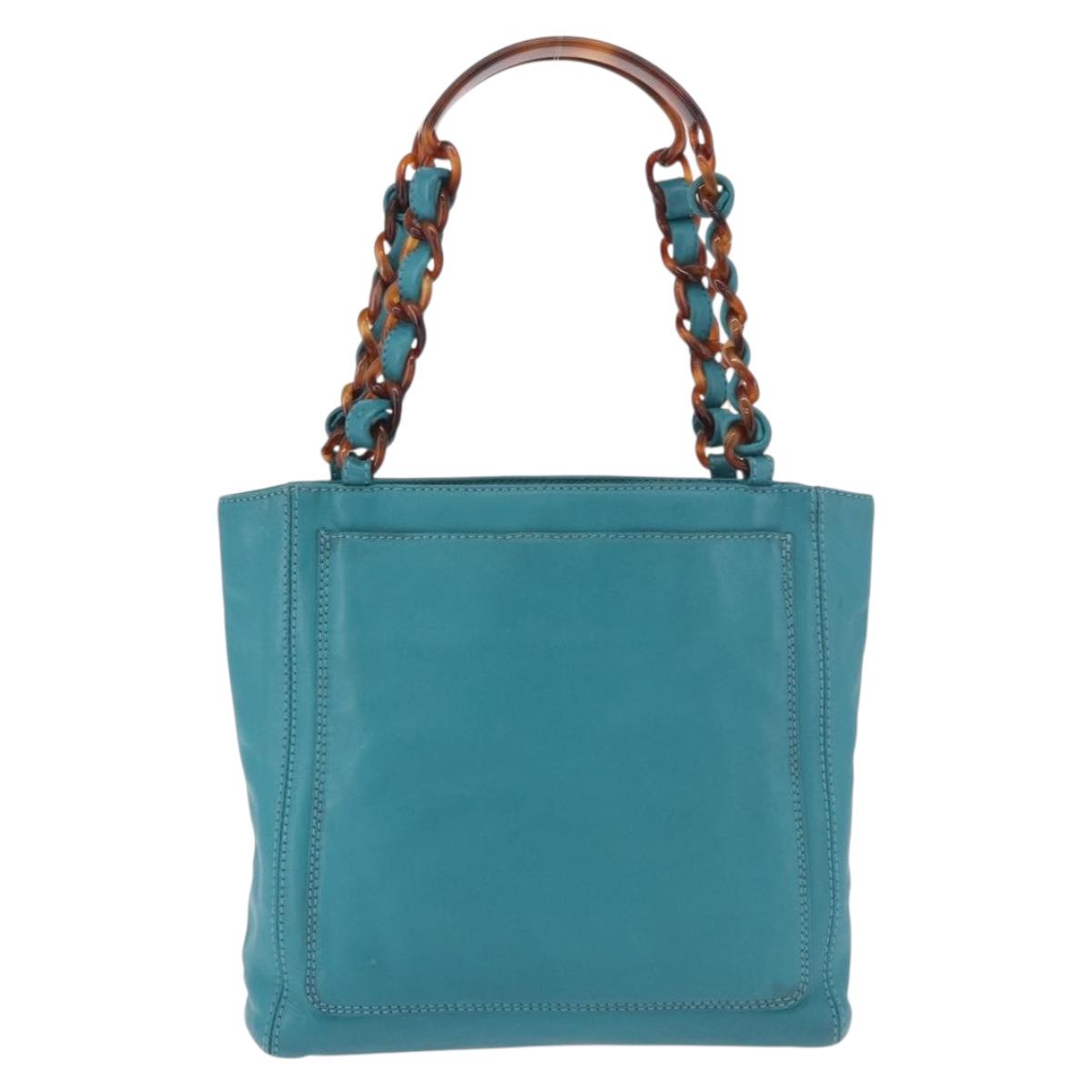 CHANEL Tortoise Pattern Chain Tote Bag Lamb Skin Turquoise Blue CC Auth 187038A - Jerrillo image 3