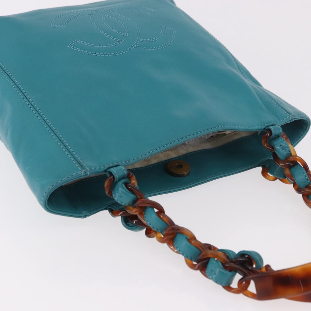 CHANEL Tortoise Pattern Chain Tote Bag Lamb Skin Turquoise Blue CC Auth 187038A - Jerrillo image 6