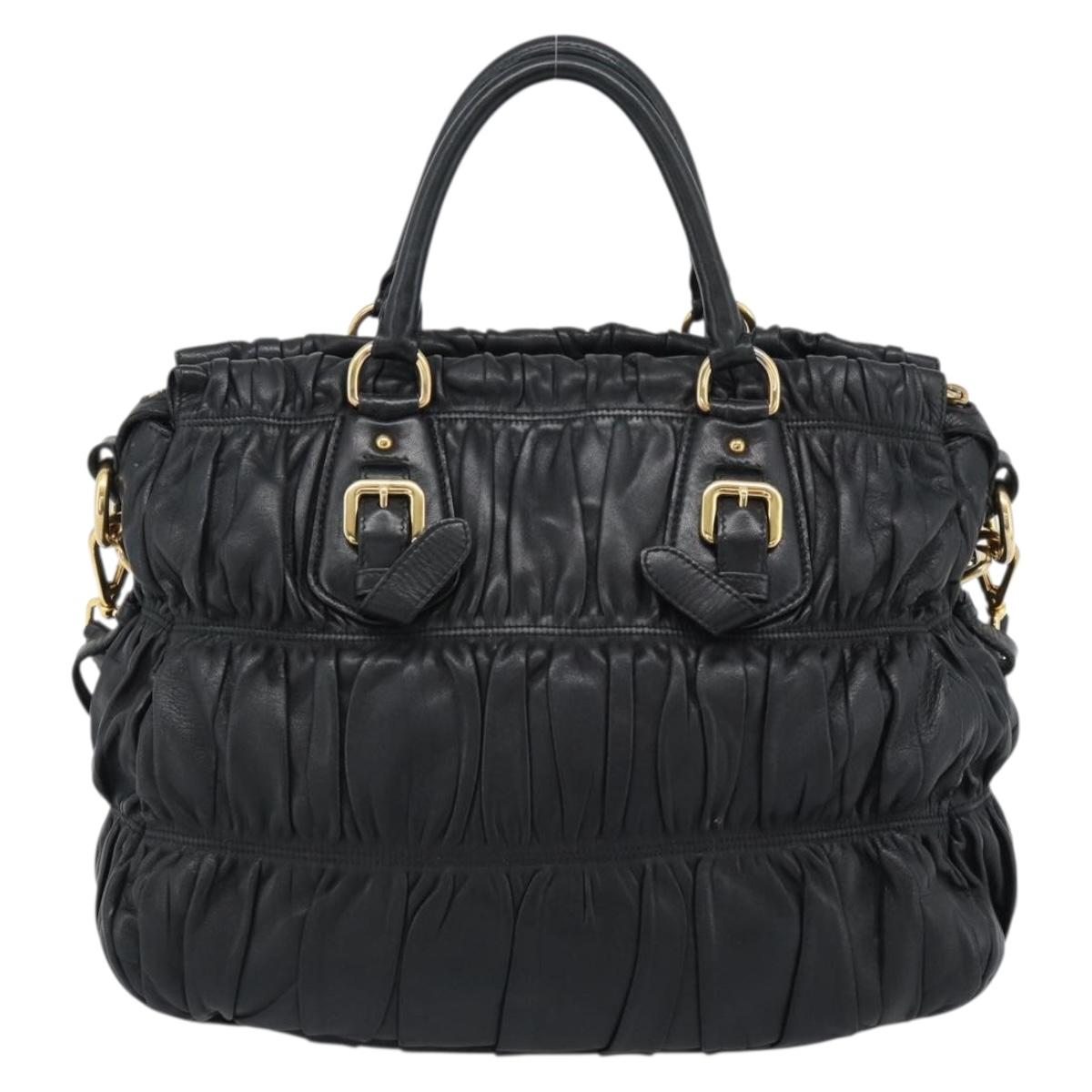 PRADA Gathered Hand Bag Leather 2way Black Gold Auth 188842V - Jerrillo image 2