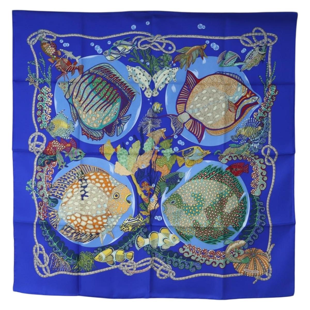 HERMES Carre 90 Scarf "Grands Fonds" Silk Blue Auth 190368M - Jerrillo