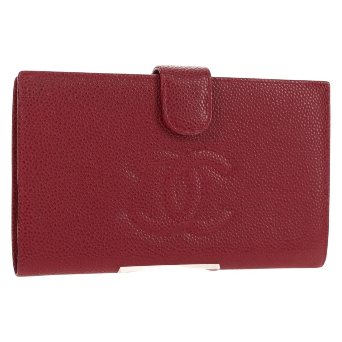 CHANEL COCO Mark Long Wallet Caviar Skin Red Gold CC Auth 190496M - Jerrillo