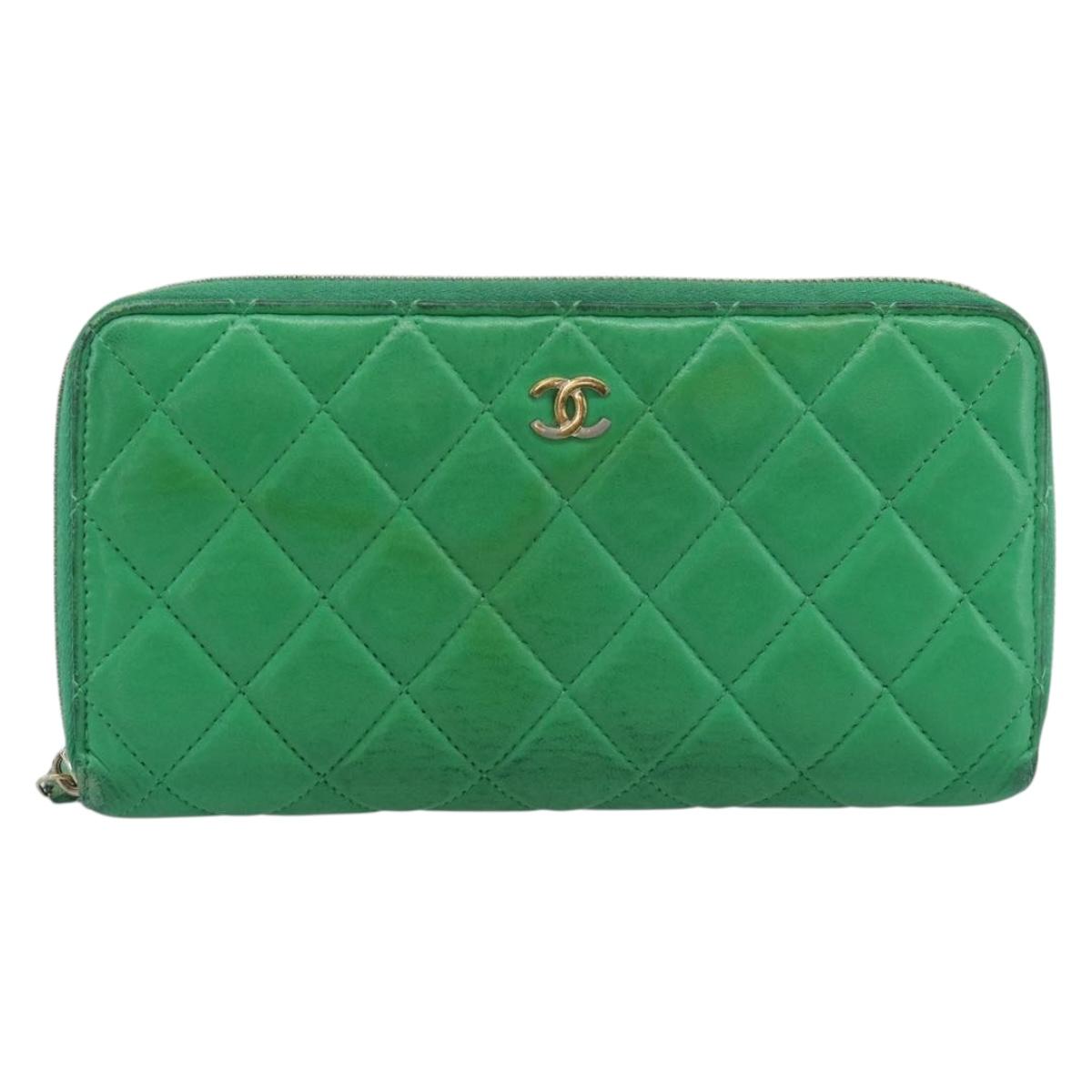CHANEL Matelasse Long Wallet Lamb Skin Green Gold CC Auth 190675 - Jerrillo image 2