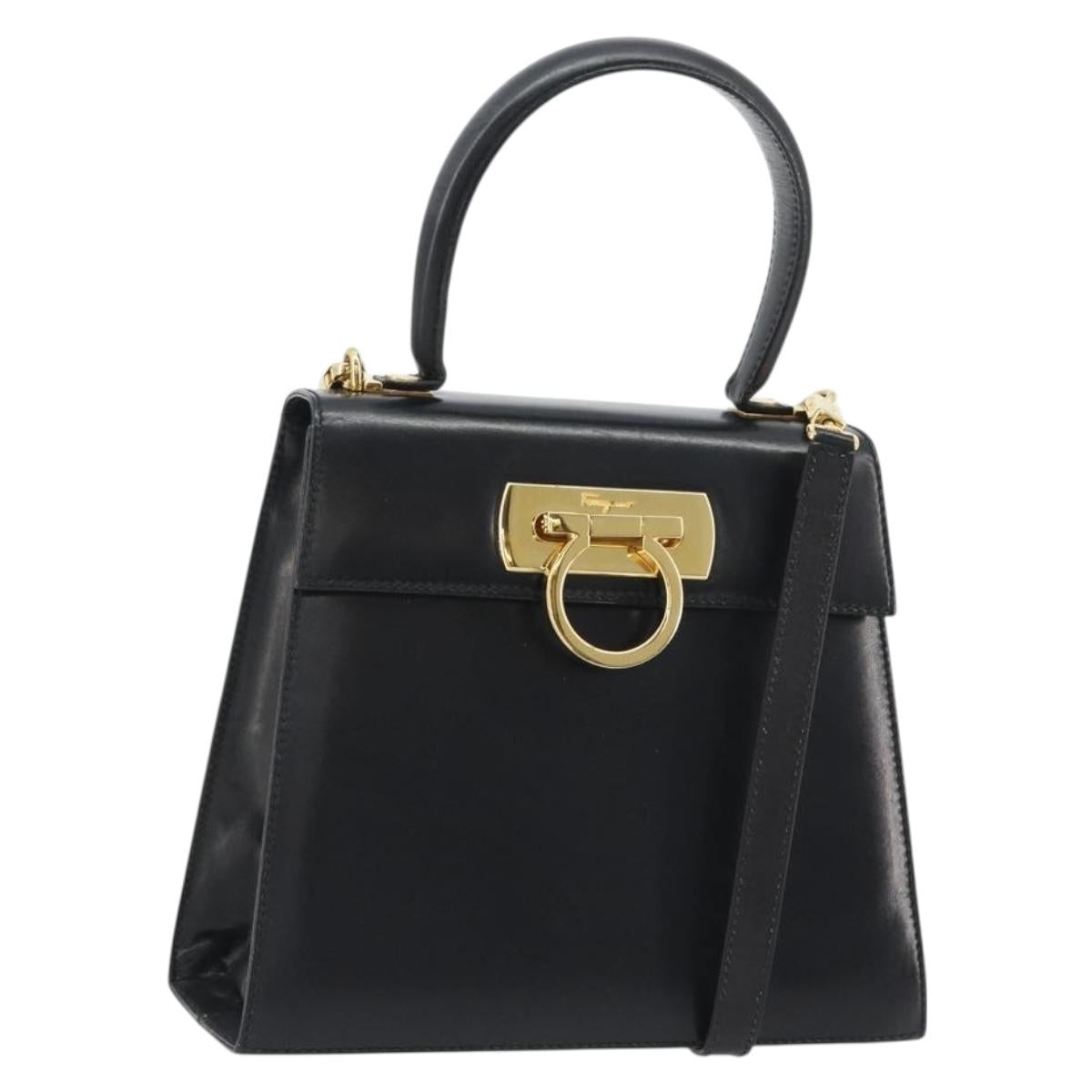 Salvatore Ferragamo Gancini Hand Bag Leather 2way Black Gold Auth 190688 - Jerrillo