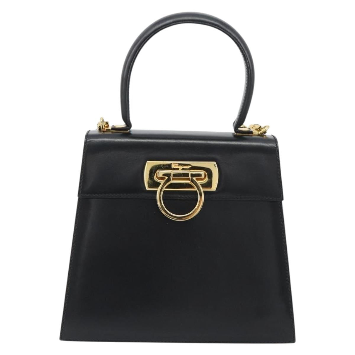 Salvatore Ferragamo Gancini Hand Bag Leather 2way Black Gold Auth 190688 - Jerrillo image 2