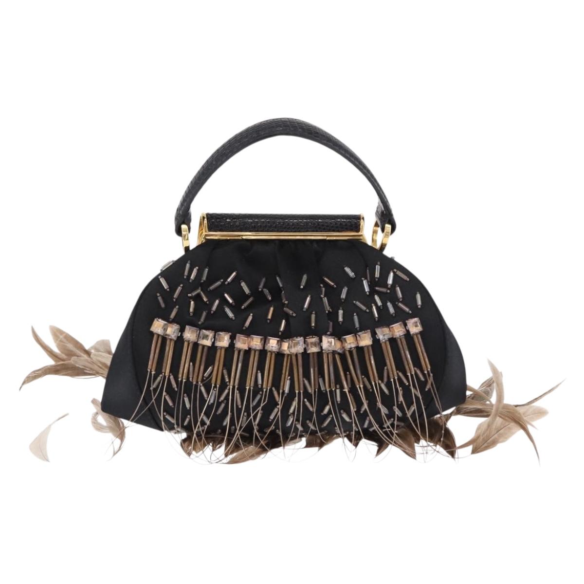 BVLGARI Feather Hand Bag Satin Black Gold Auth 191451SM - Jerrillo image 2