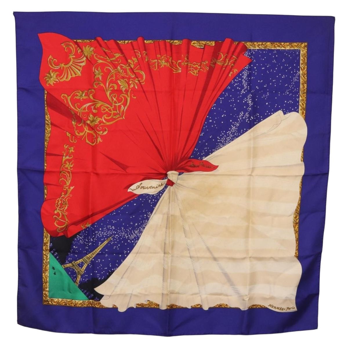 HERMES Carre 90 Scarf "Souvenirs de Paris" Silk Blue Beige Auth 191677 - Jerrillo