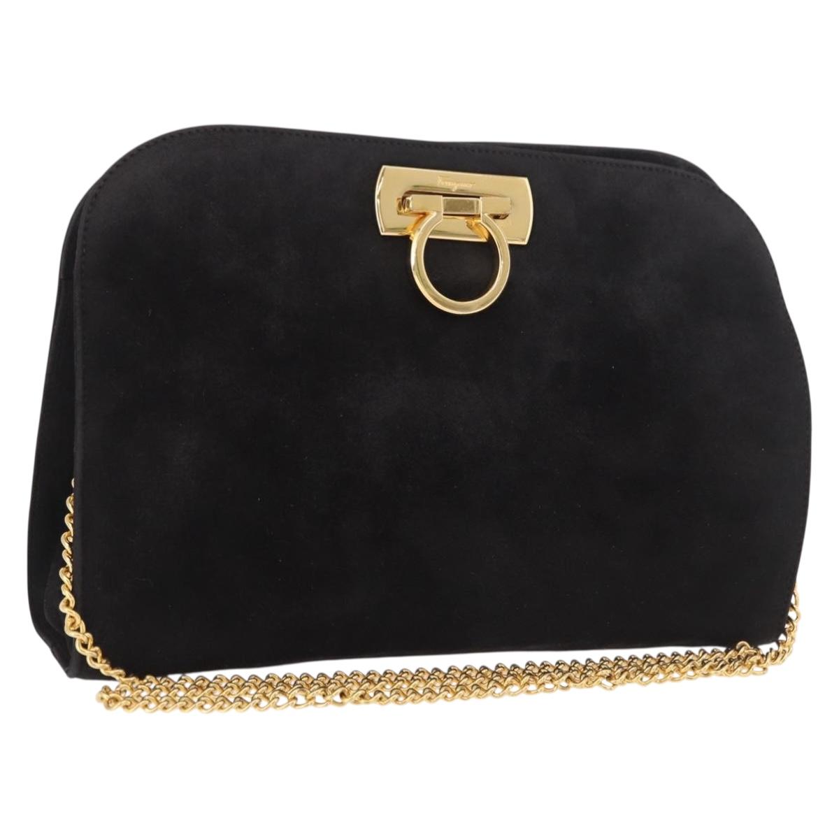Salvatore Ferragamo Gancini Chain Shoulder Bag Suede Black Gold Auth 191696 - Jerrillo