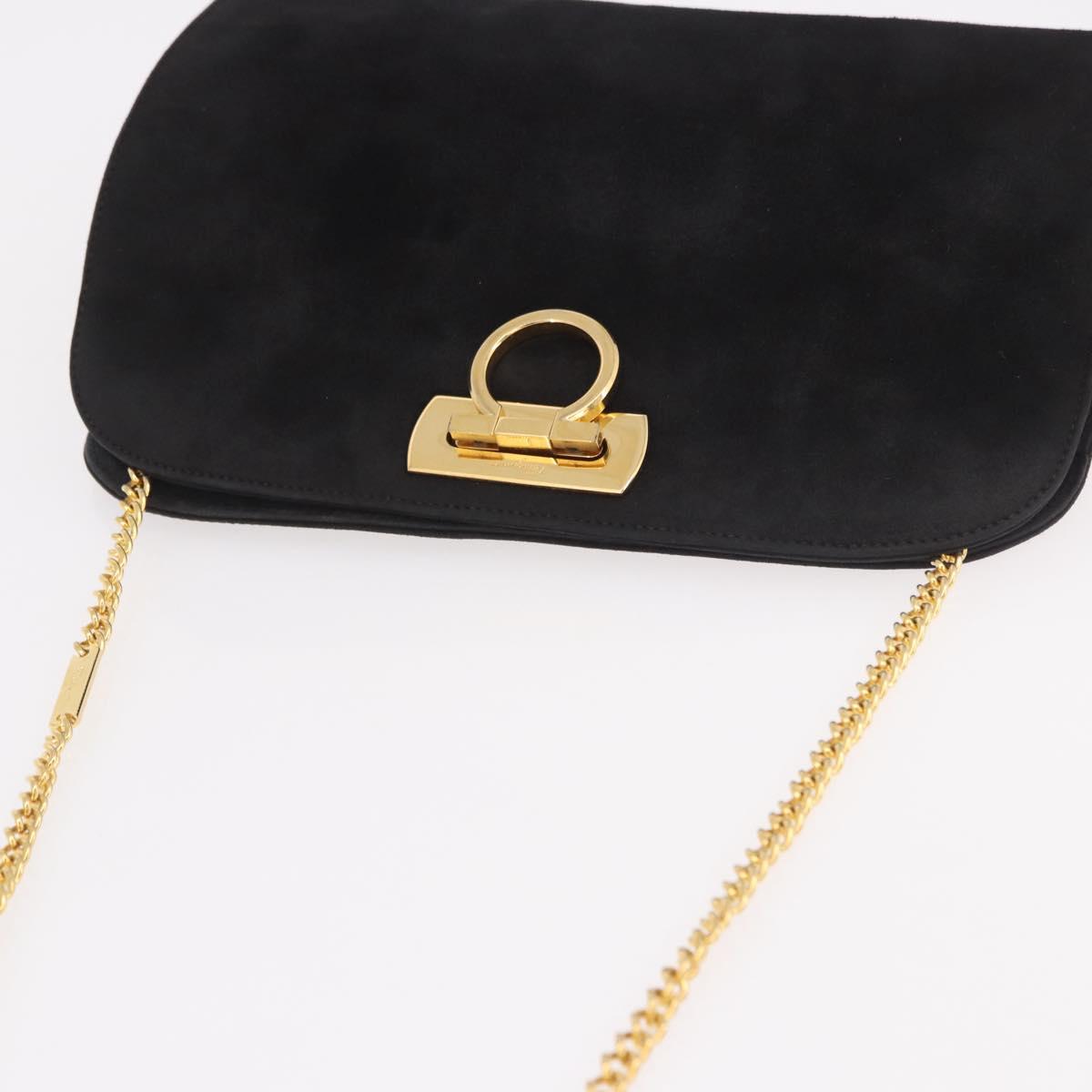 Salvatore Ferragamo Gancini Chain Shoulder Bag Suede Black Gold Auth 191696 - Jerrillo image 6