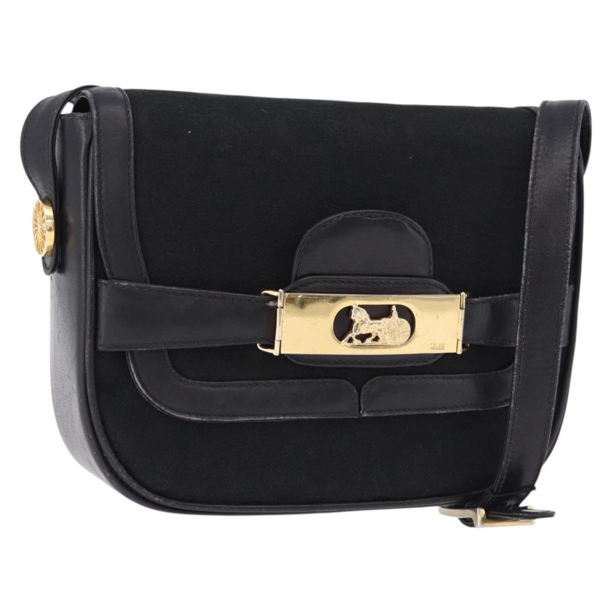 CELINE C Saluki Horse Carriage Shoulder Bag Black Gold Tone Auth 191767A - Jerrillo