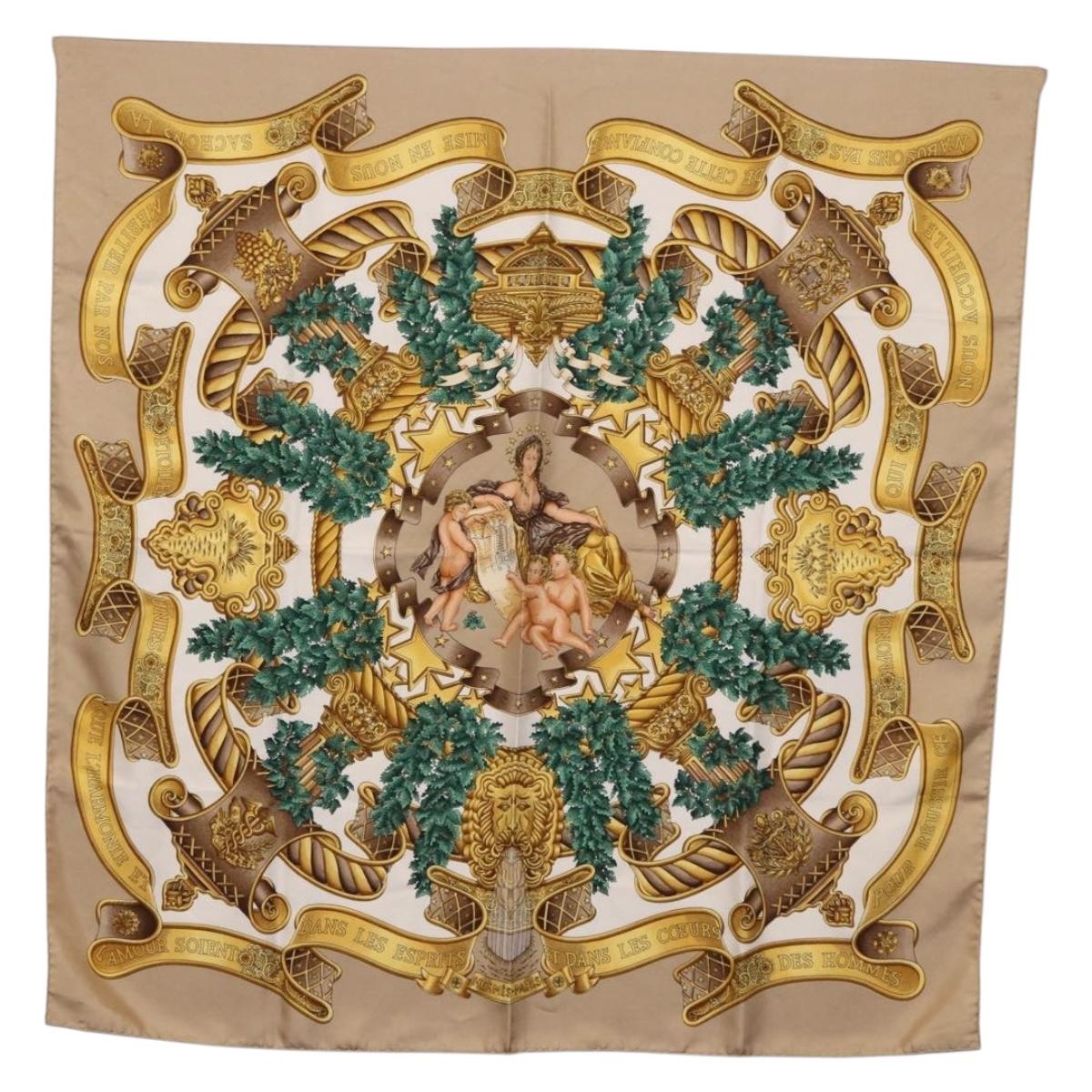 HERMES Carre 90 Scarf "DANS LES ESPRITS" Silk Beige Auth 192450 - Jerrillo