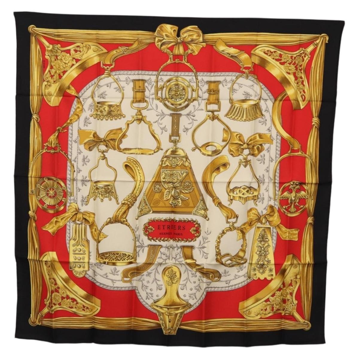 HERMES Carre 90 Scarf "ETRIERS" Silk Black Auth 192451M - Jerrillo